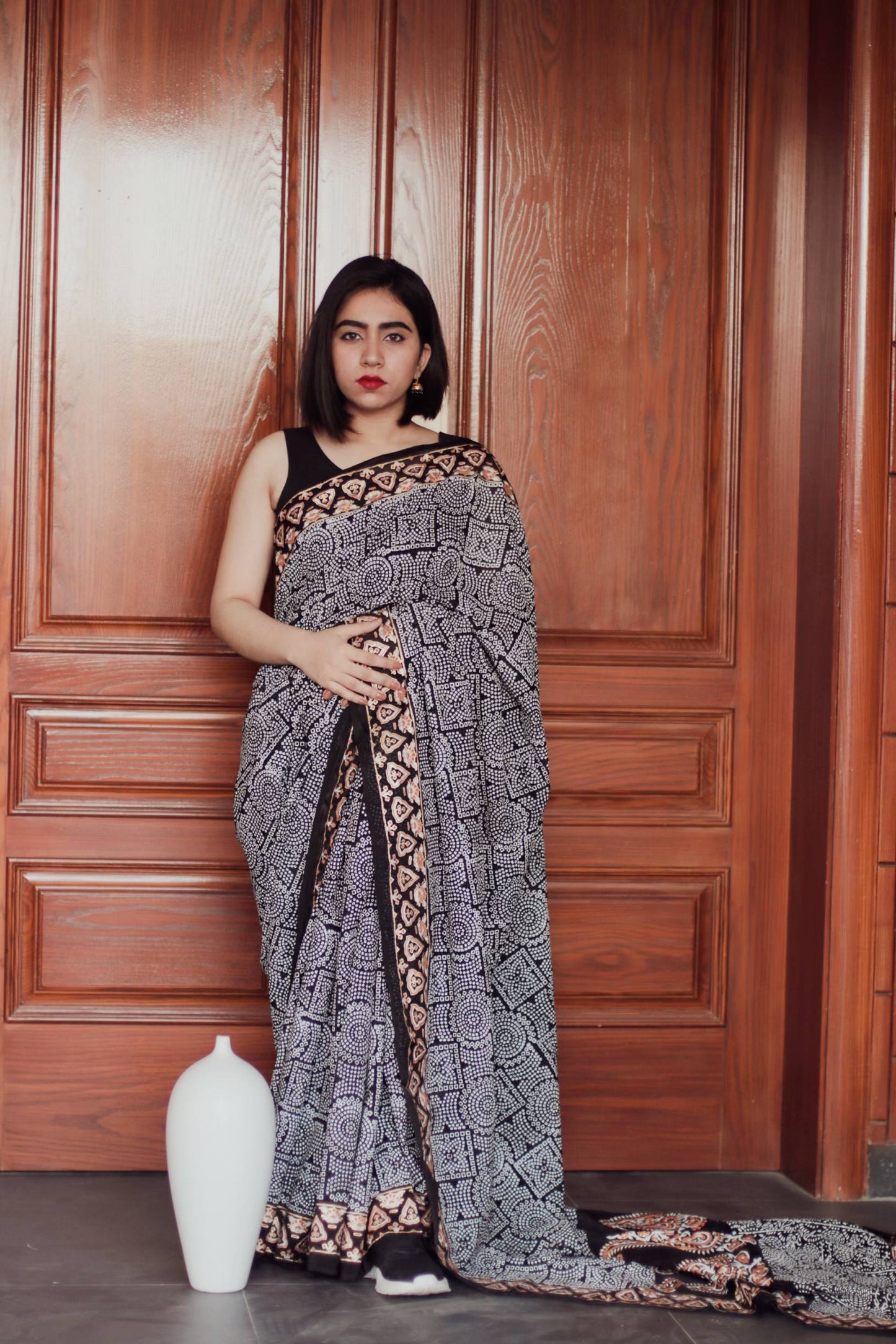 Black Block-Printed Silk Saree