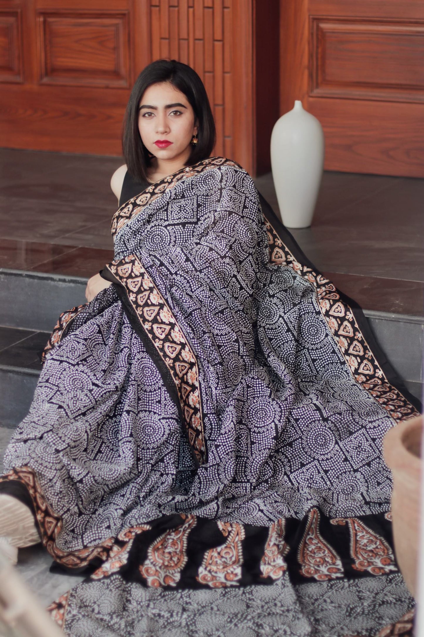 Black Block-Printed Silk Saree