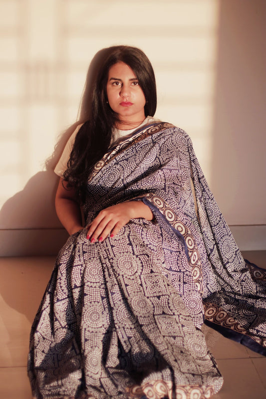 Blue Block-Printed Silk Saree