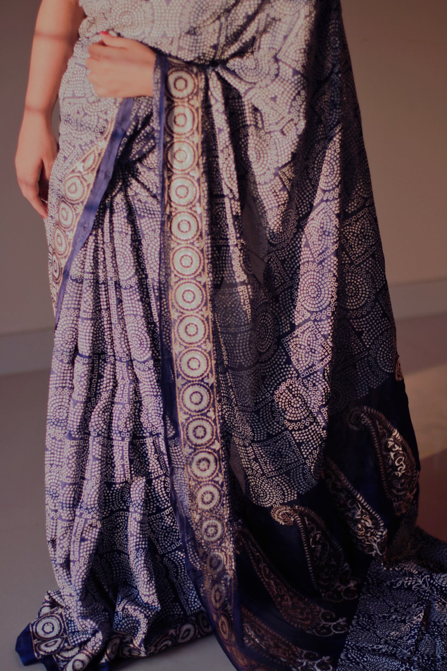 Blue Block-Printed Silk Saree