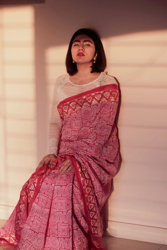 Pink  Block-Printed Silk Saree