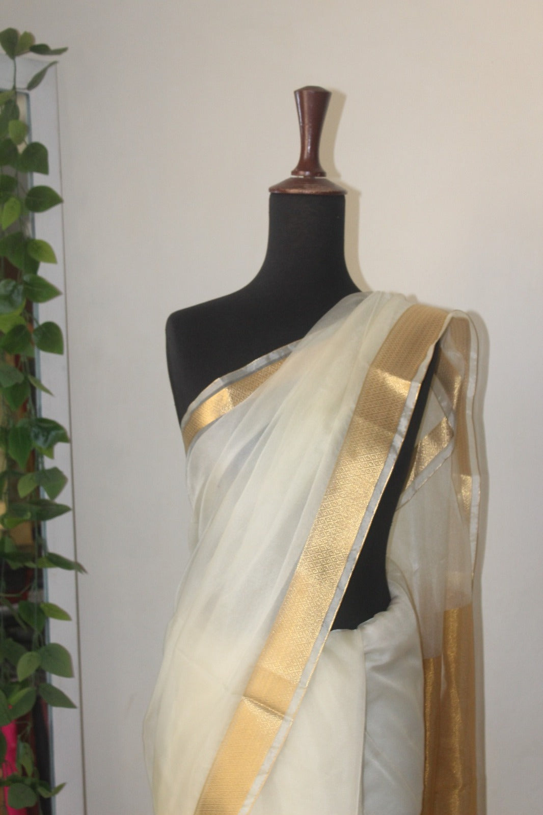 Minty white ogranza with Gold borders & pallu