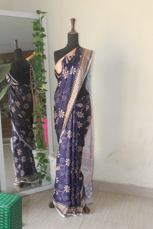 Navy blue printed silk