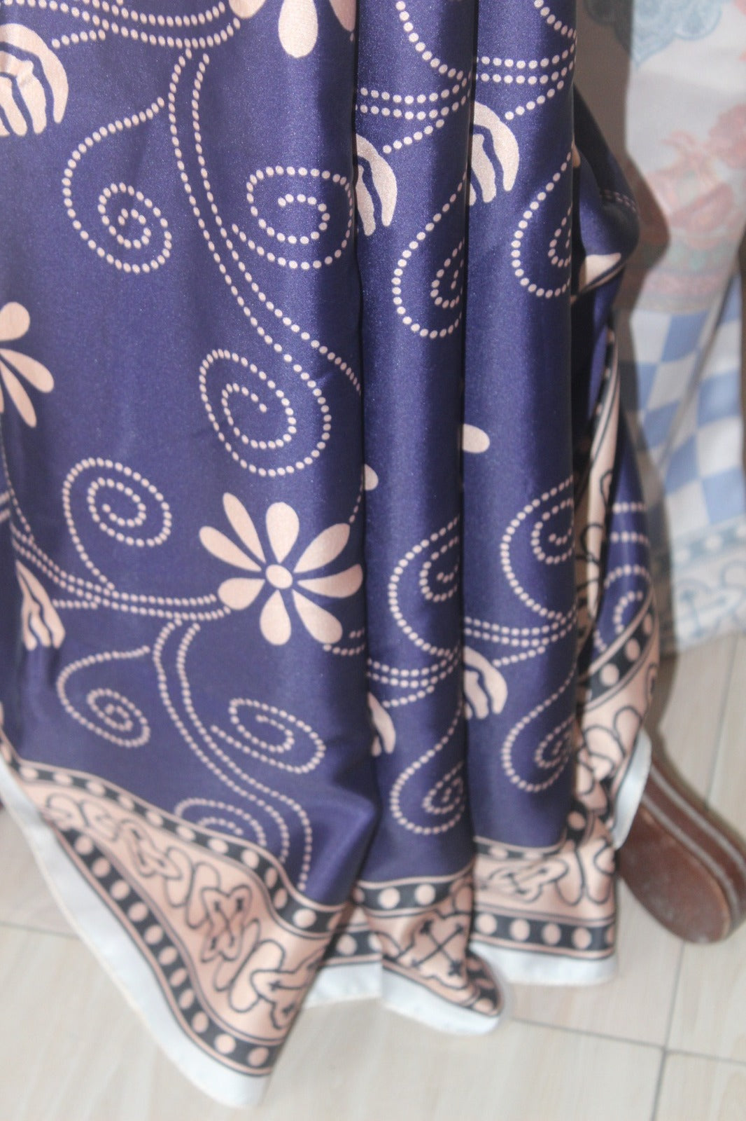 Navy blue printed silk