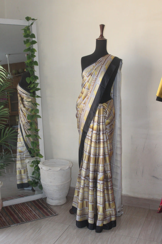 Gold & Grey printed silk saree