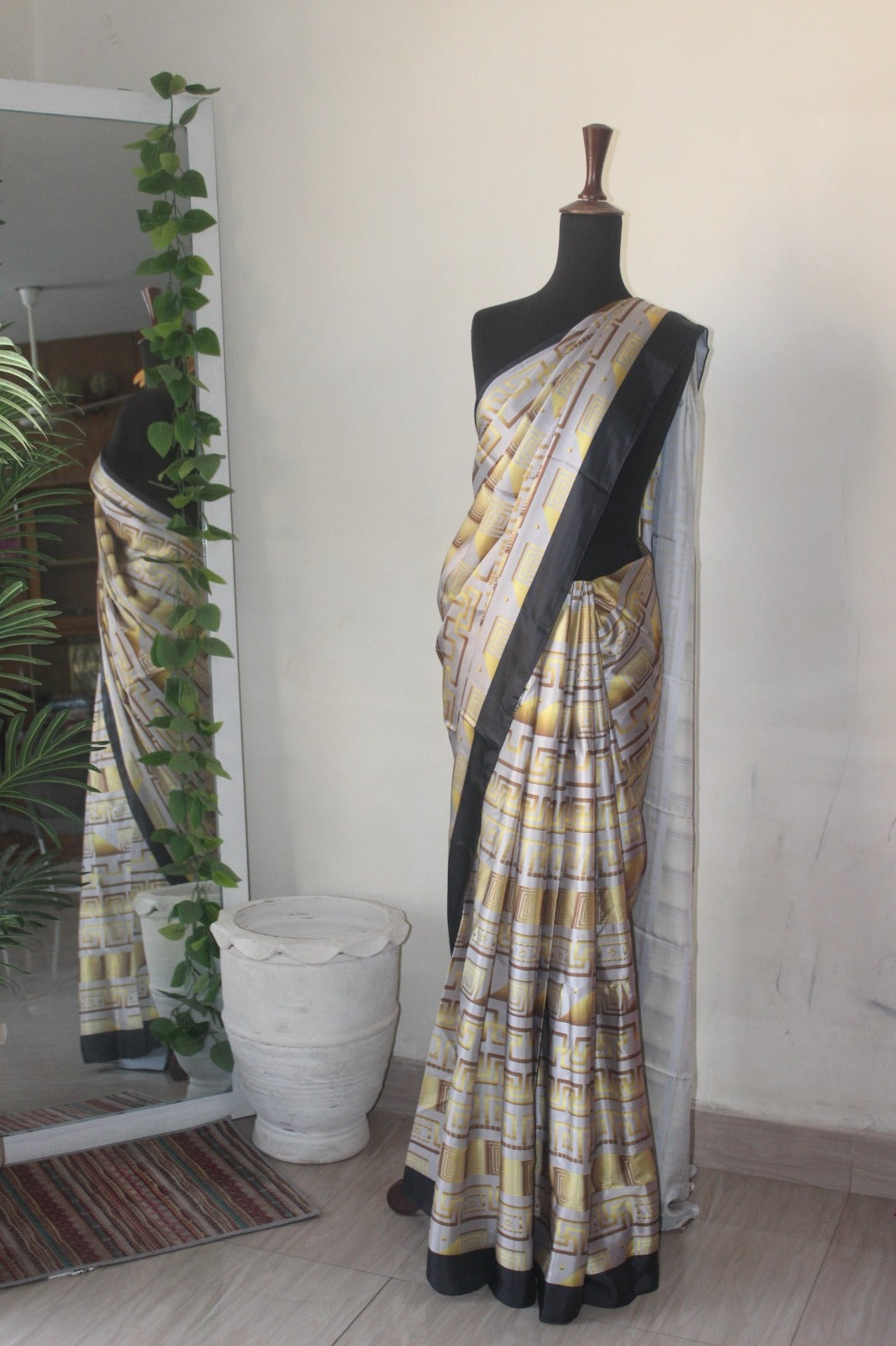 Gold & Grey printed silk saree