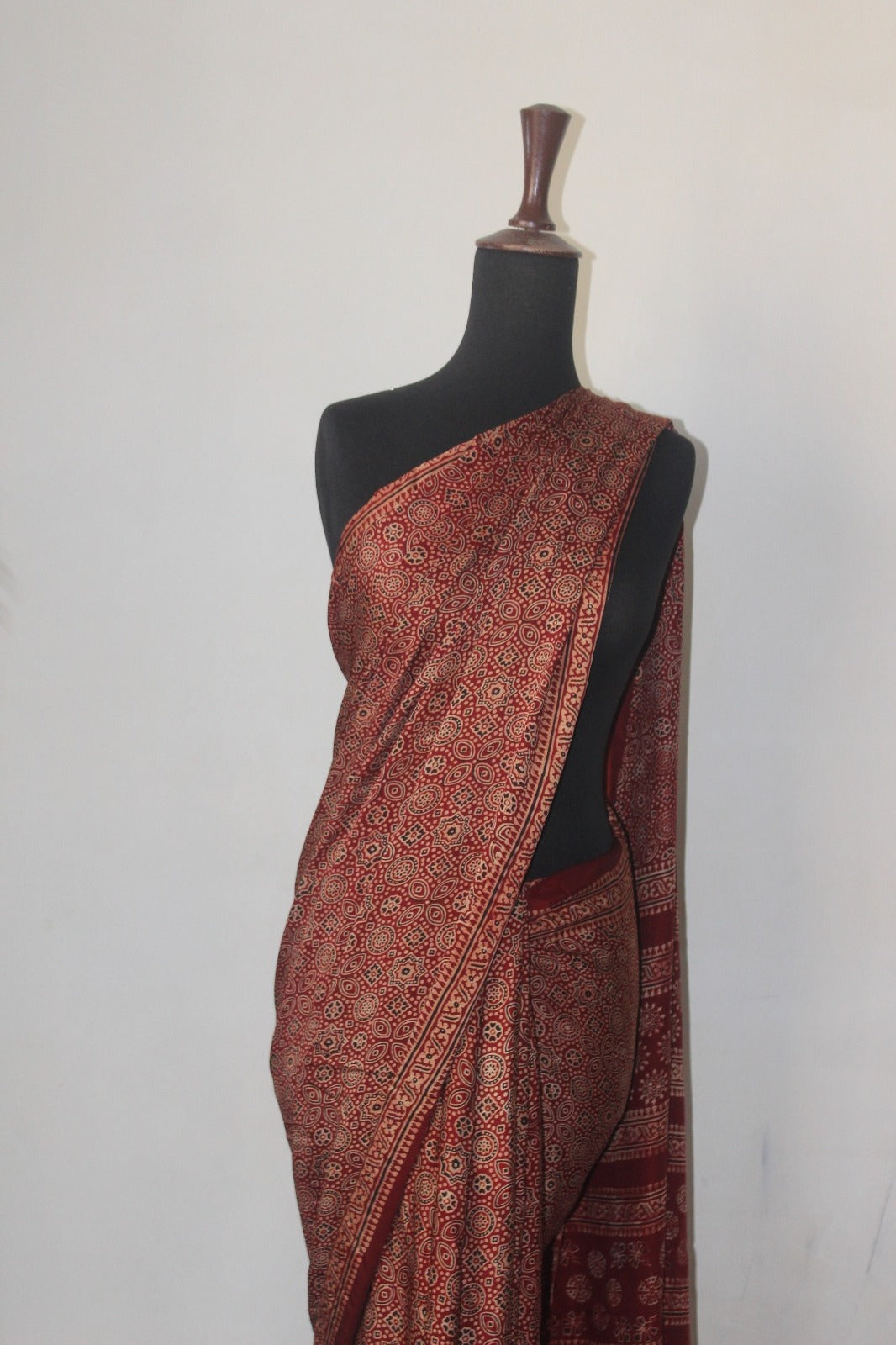 Hand Block-Printed Ajrak Silk Saree