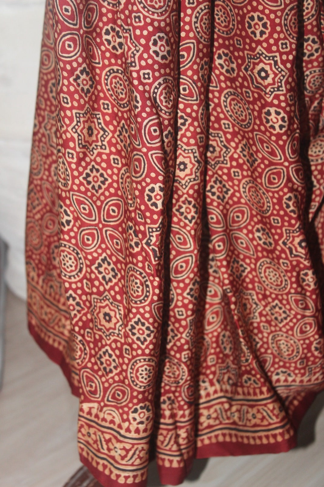 Hand Block-Printed Ajrak Silk Saree