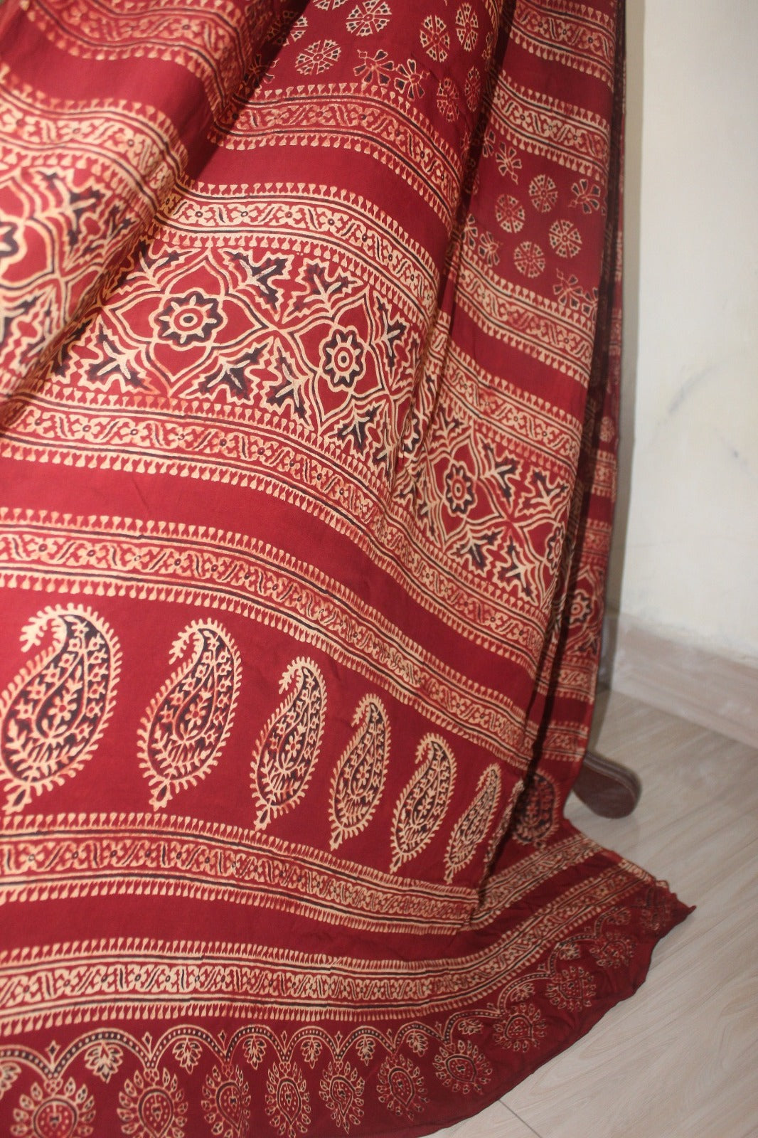 Hand Block-Printed Ajrak Silk Saree