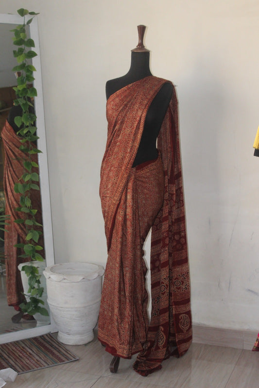 Hand Block-Printed Ajrak Silk Saree