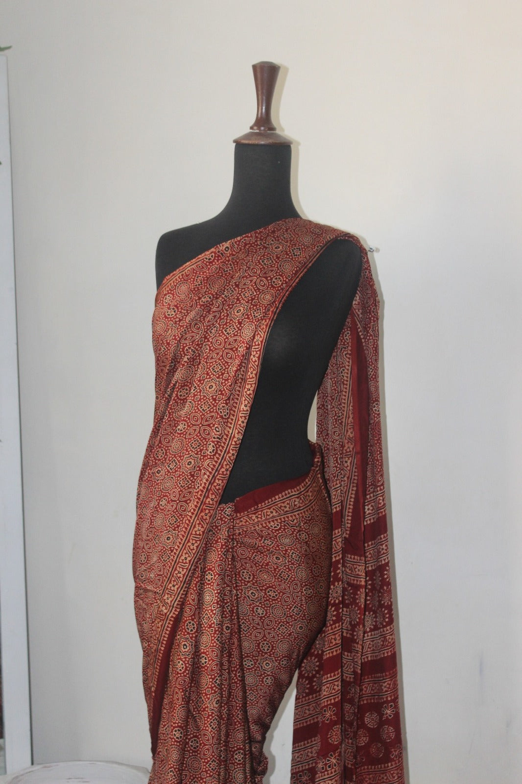 Hand Block-Printed Ajrak Silk Saree