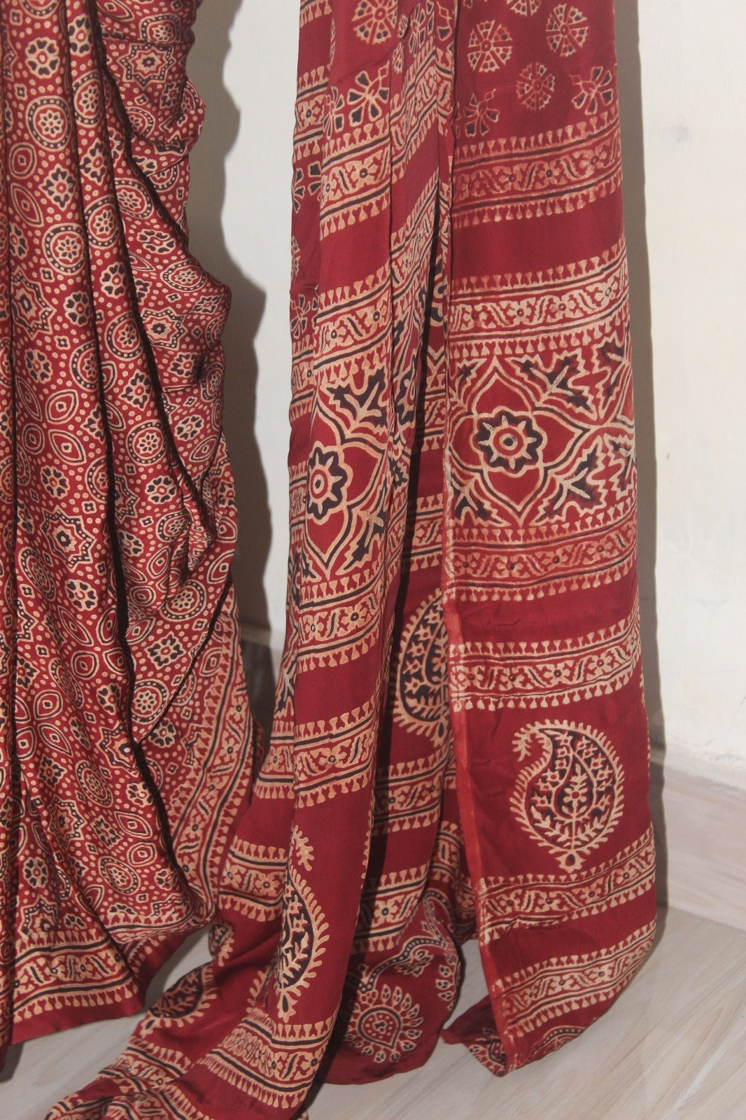 Hand Block-Printed Ajrak Silk Saree