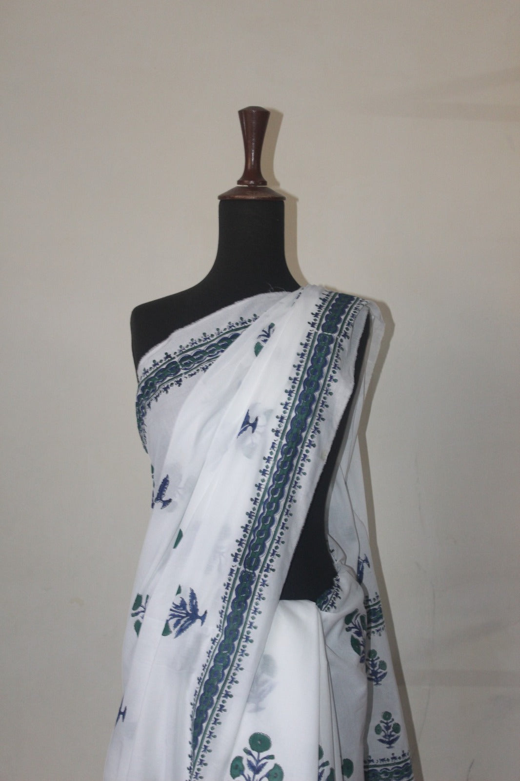 White & Blue block print cotton saree