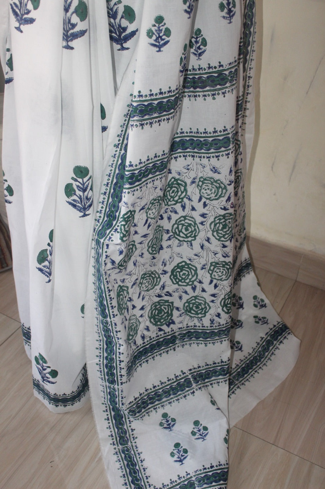 White & Blue block print cotton saree