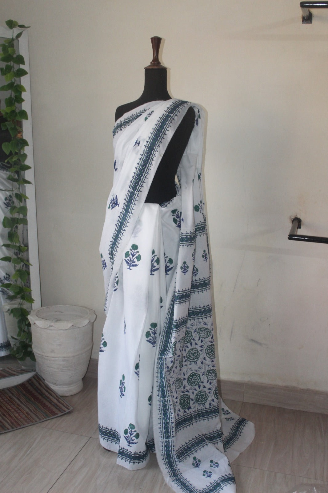 White & Blue block print cotton saree