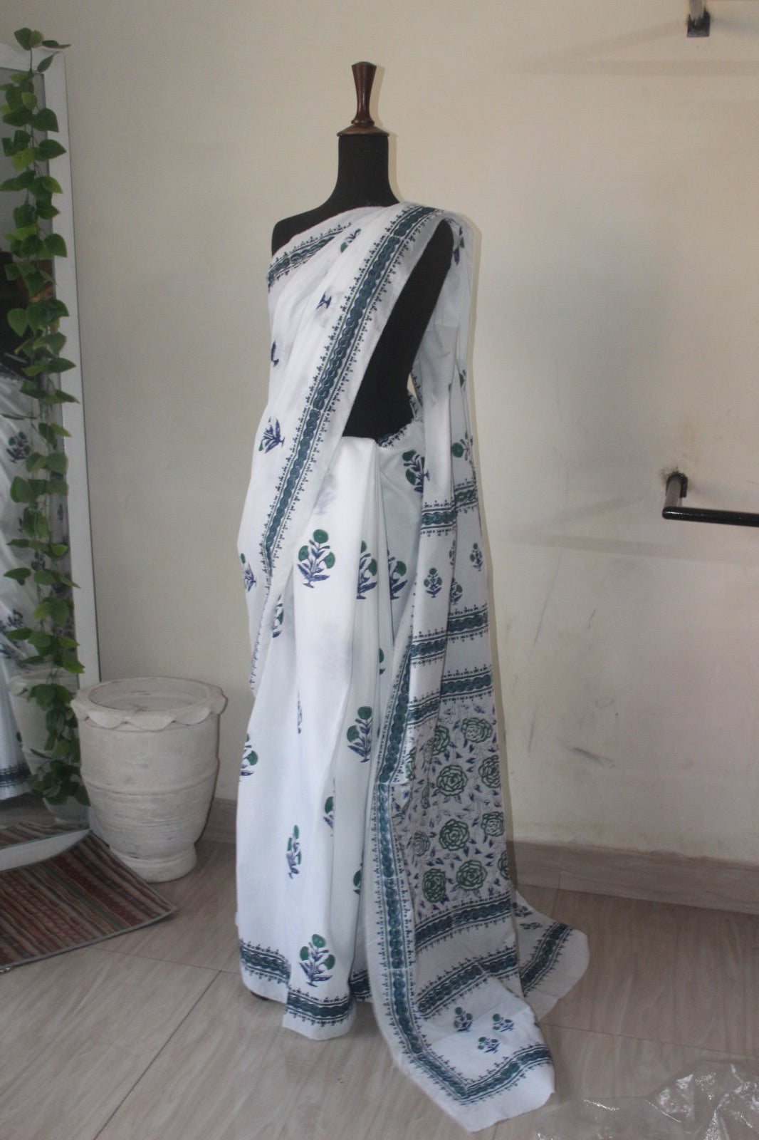 White & Blue block print cotton saree