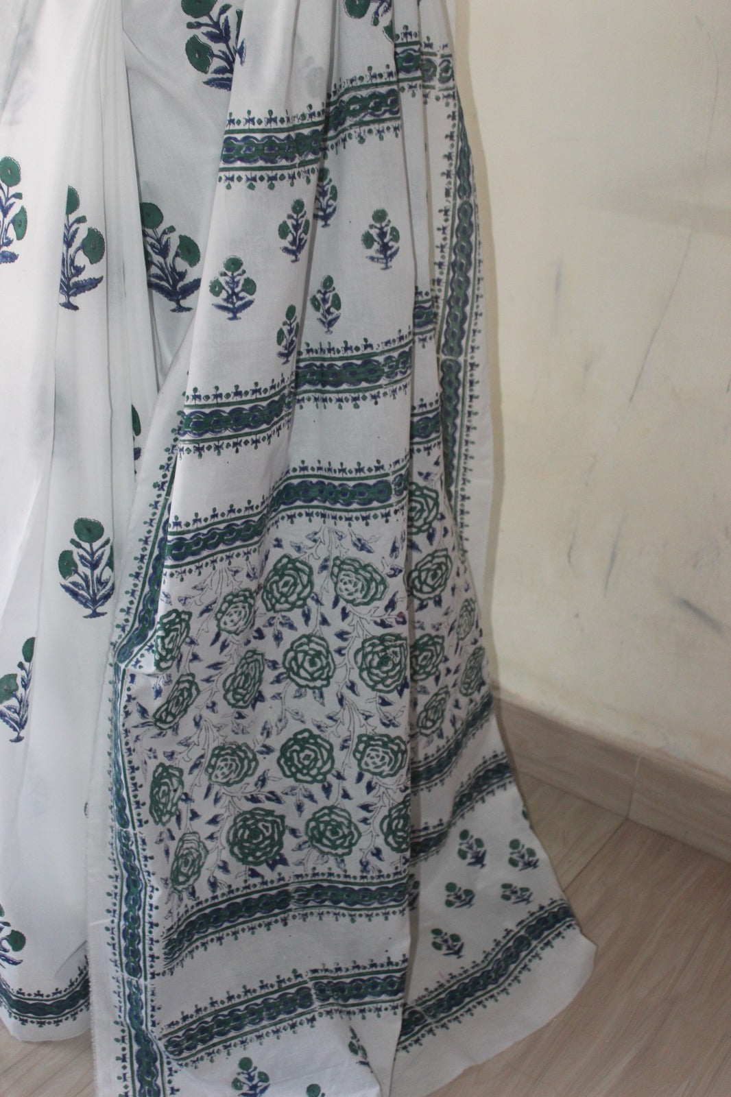 White & Blue block print cotton saree