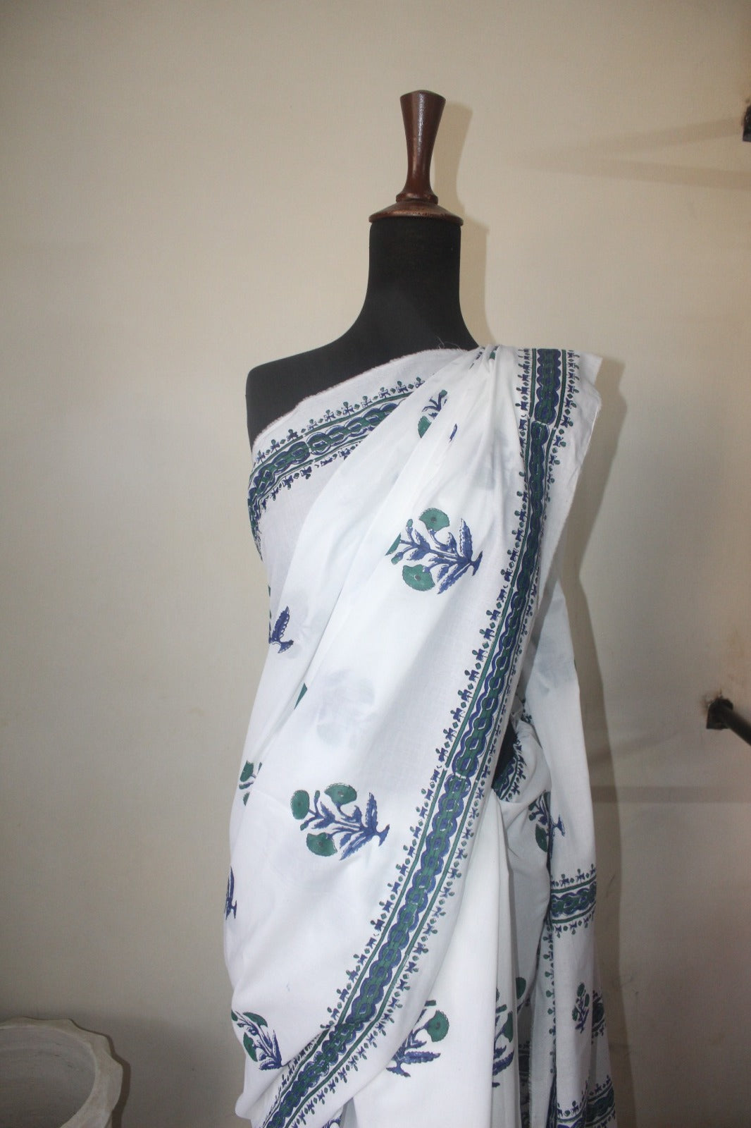 White & Blue block print cotton saree